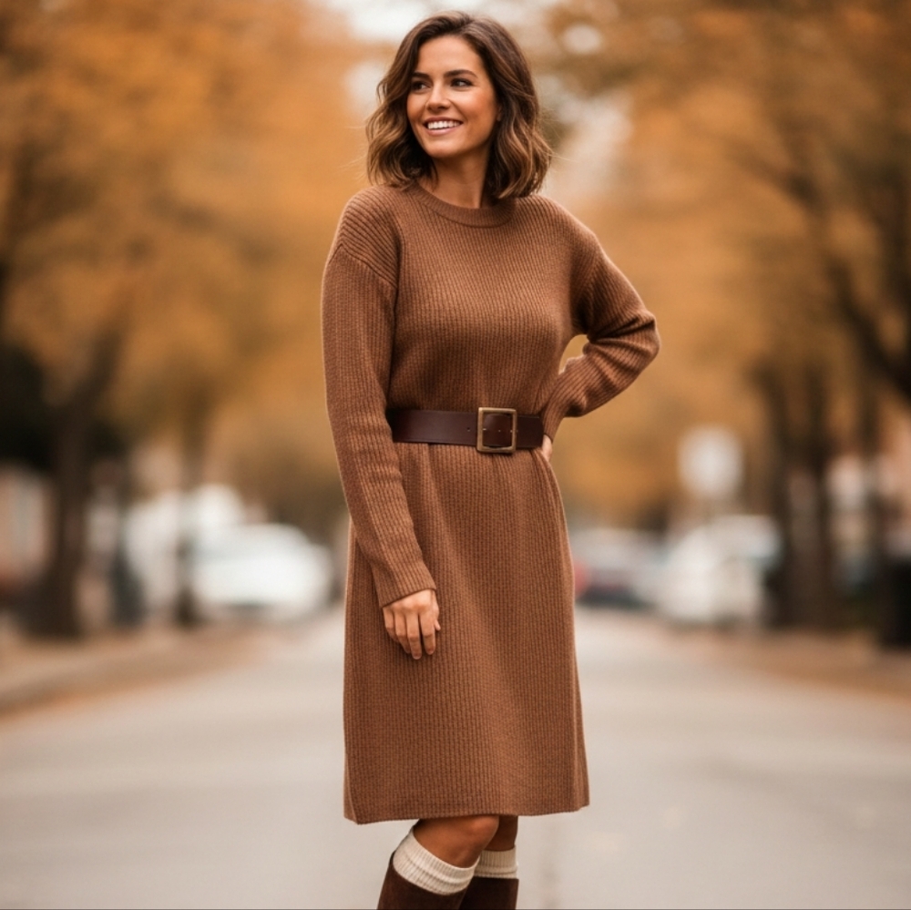Dazy Brown Sweater Dress Size Medium Ribbed Knit Long Sleeve Crew Neck Oversized